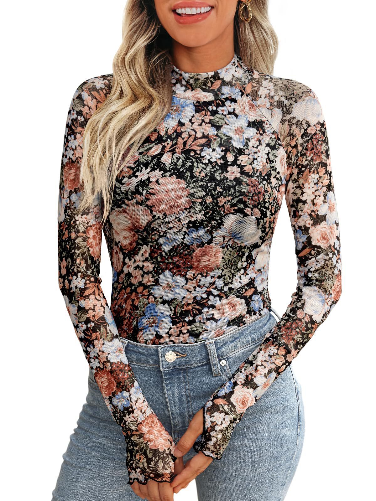 Floral Mesh Round Neck Long Sleeve Mesh With Thumb Hole Fashion Autumn Undershirt