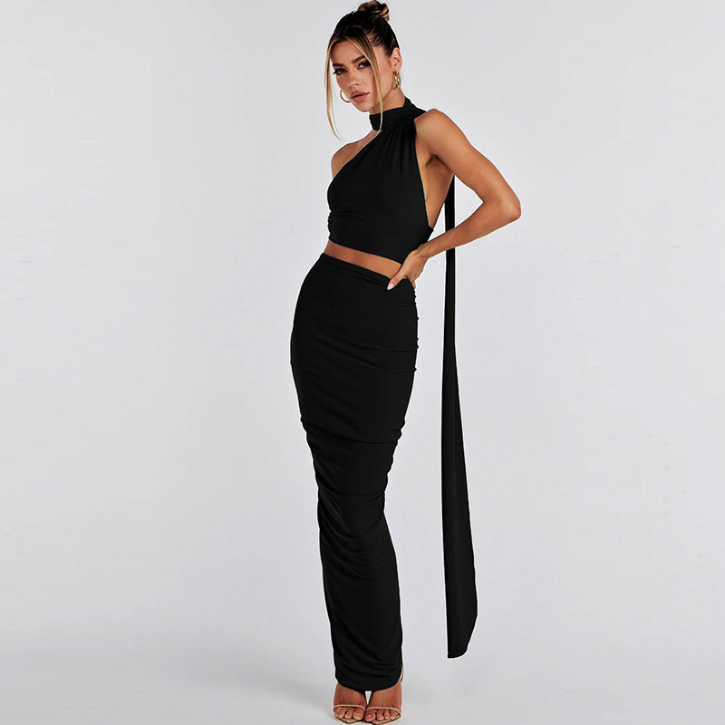 Backless Tube Top And Fit Pleated Skirt