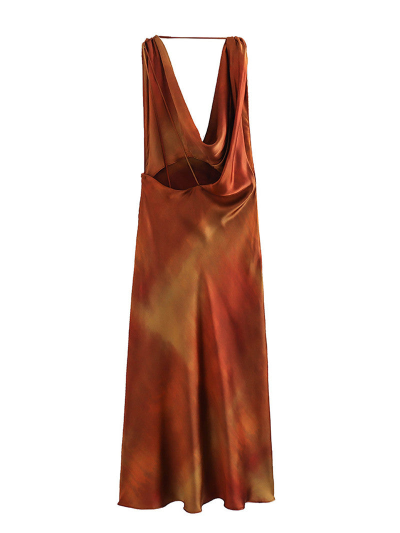 Phoenix Draped Collar Silk Satin Texture Dress