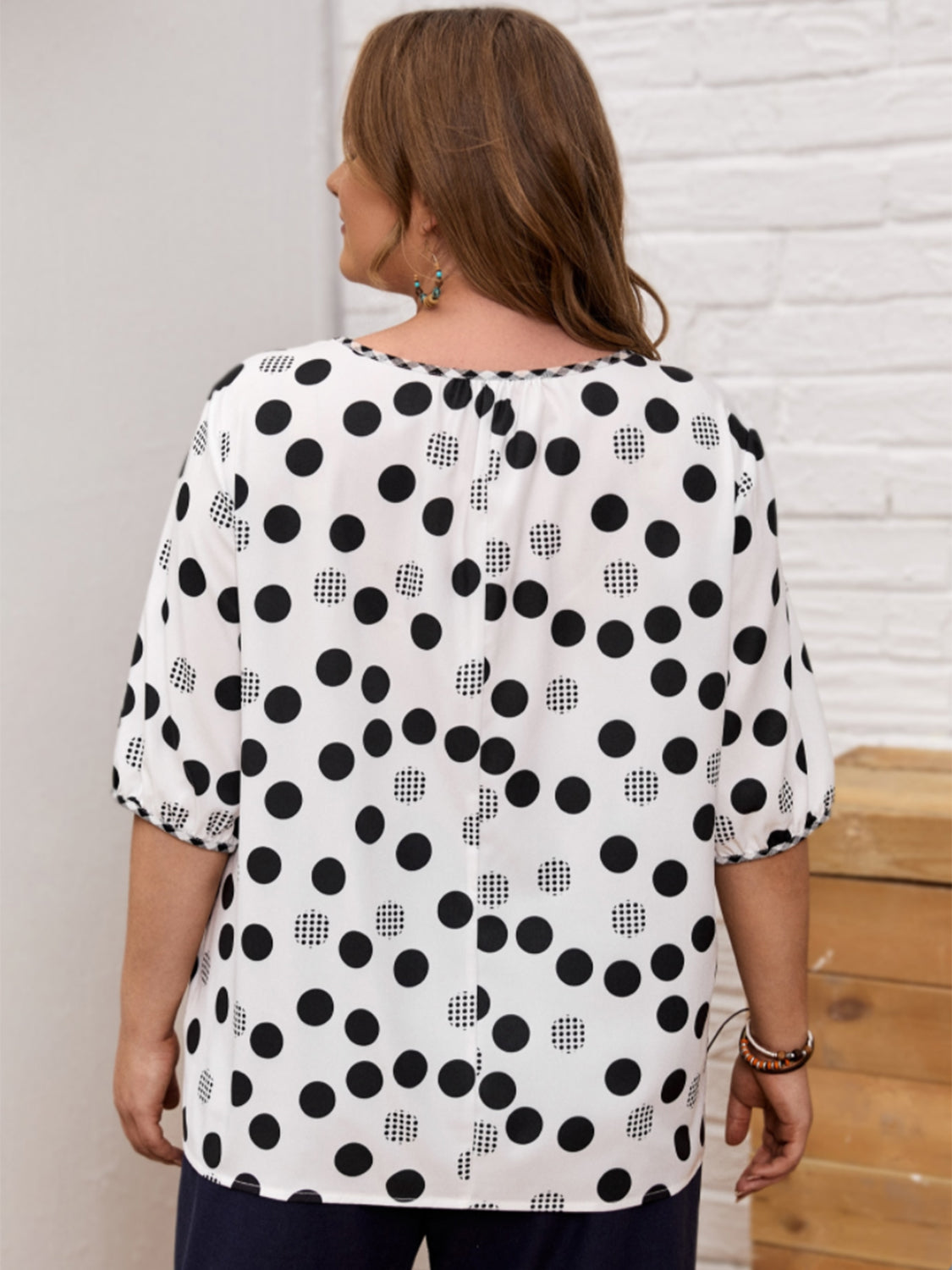 Polka Dot Round Neck Half Sleeve Plus Blouse