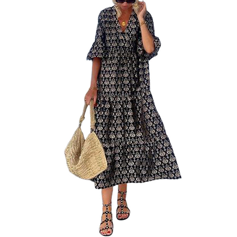 Patterned V-neck Mid-length Dress