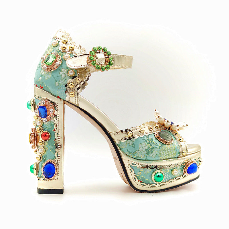 Vintage Rhinestone Leather Platform Thick Heel Baroque Fish Mouth Women's Sandals