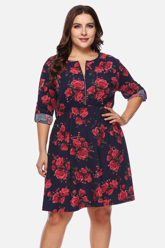 Floral Print Half Zip Up Plus Dress