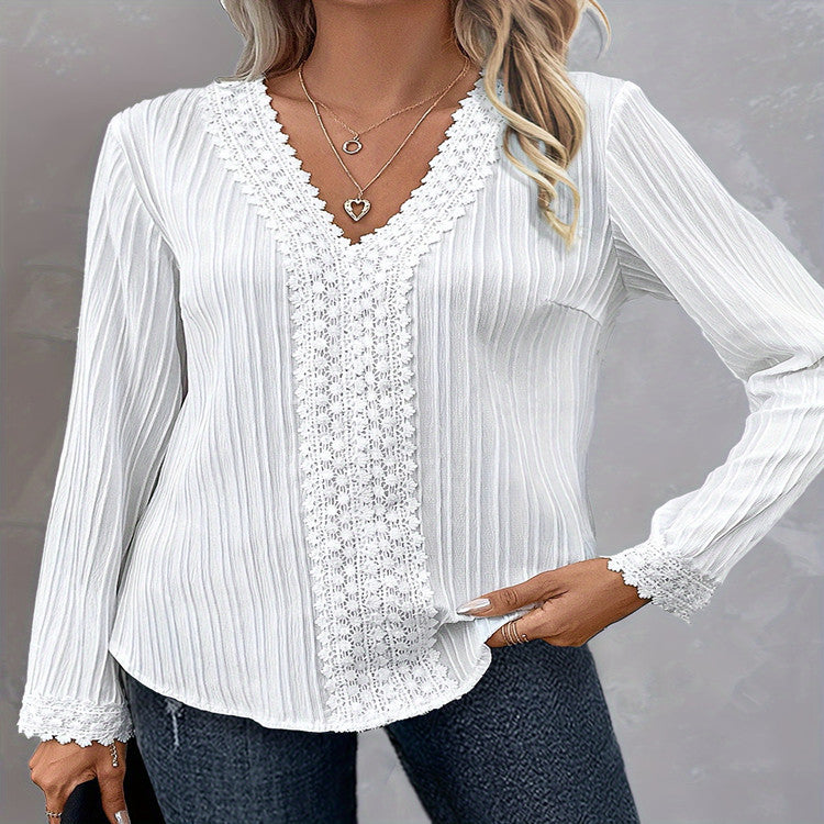 V-neck Lace Stitching Long-sleeved Shirt