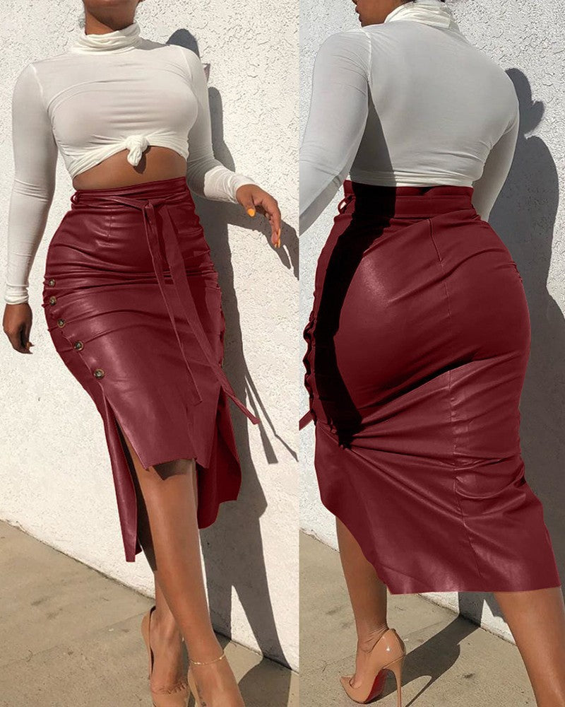 Mid-length Leather Skirt With Split Hips