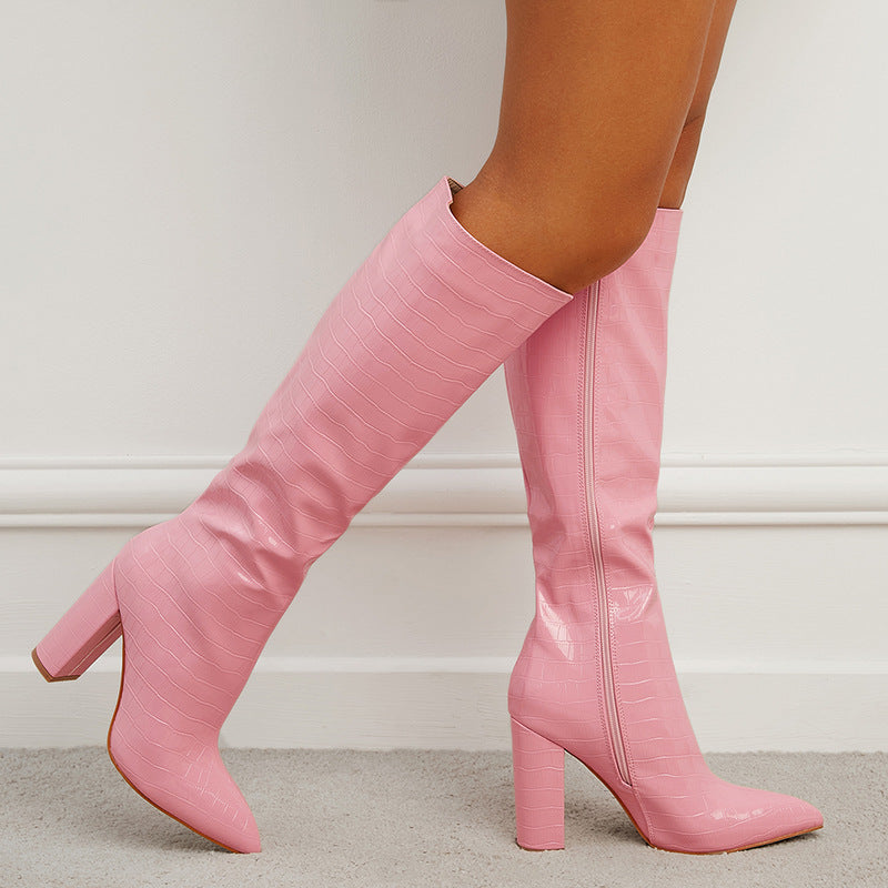 Pointed Toe High Square Heel Mid-Calf Boots