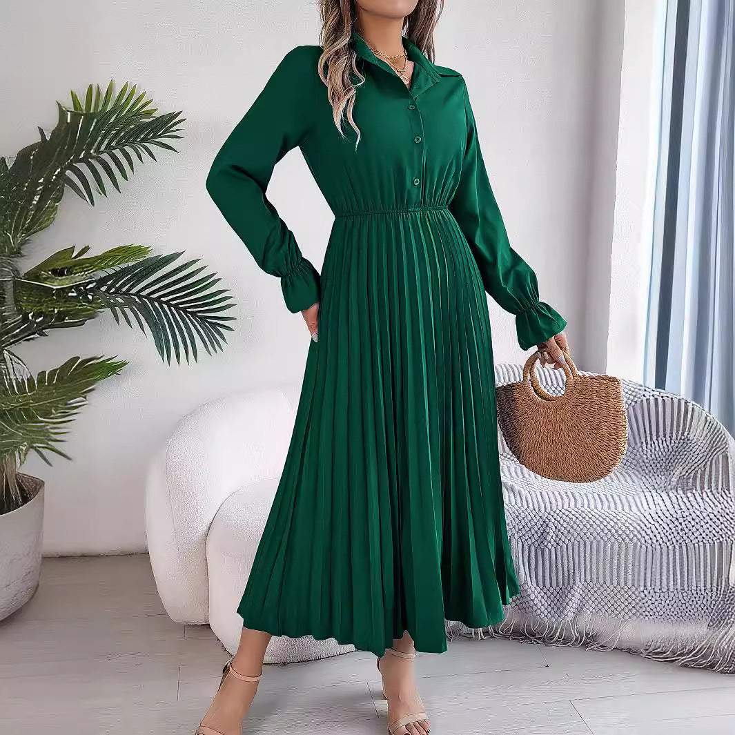 Long Sleeve Cinched Pleated Dress