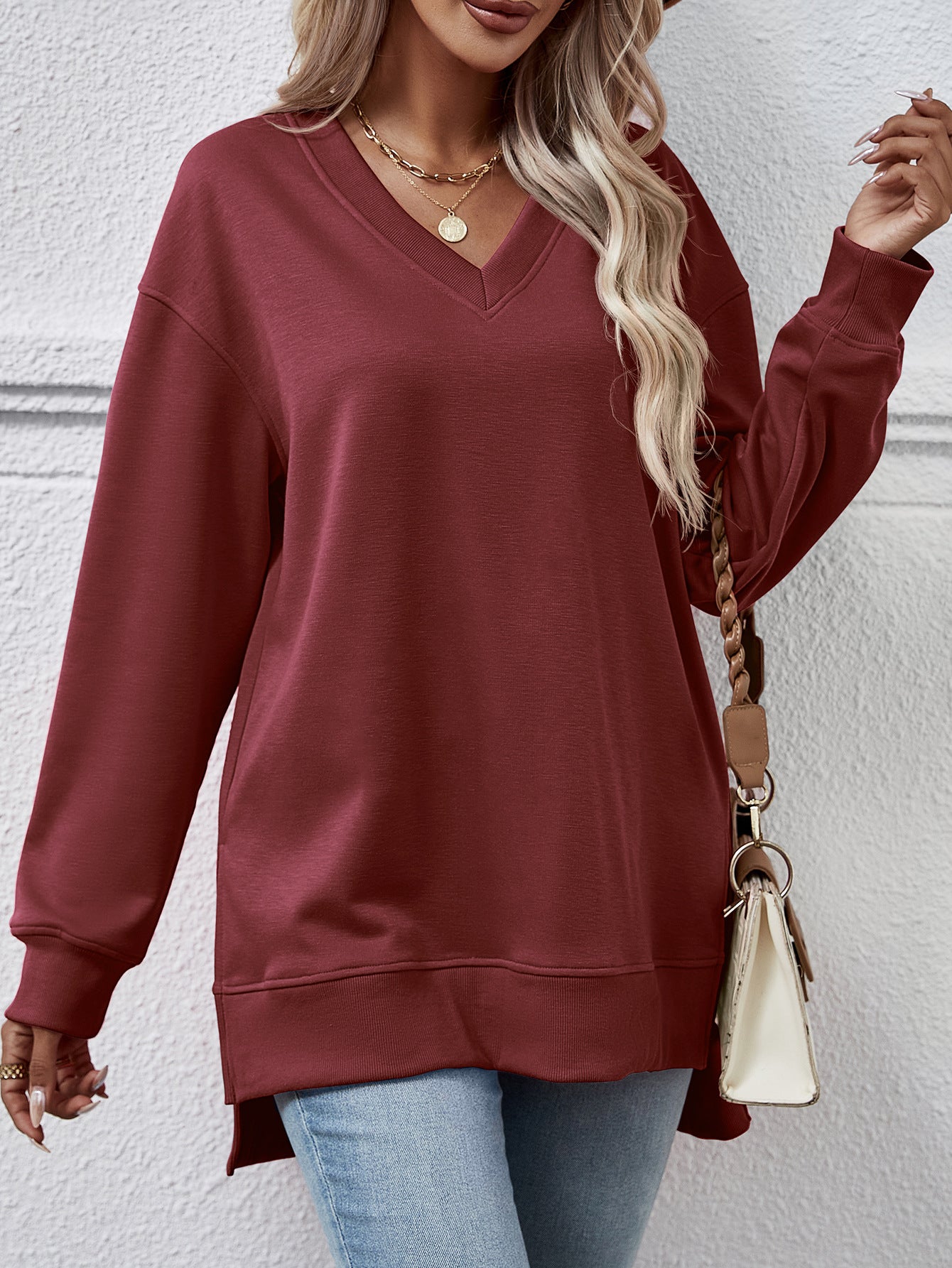 Solid Color And V-neck Sweater