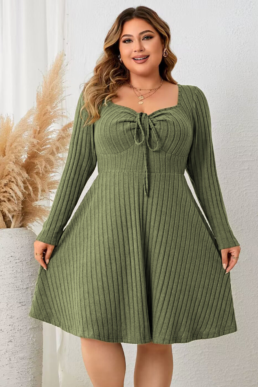 Sweetheart Neck Long Sleeve Ribbed Plus Dress