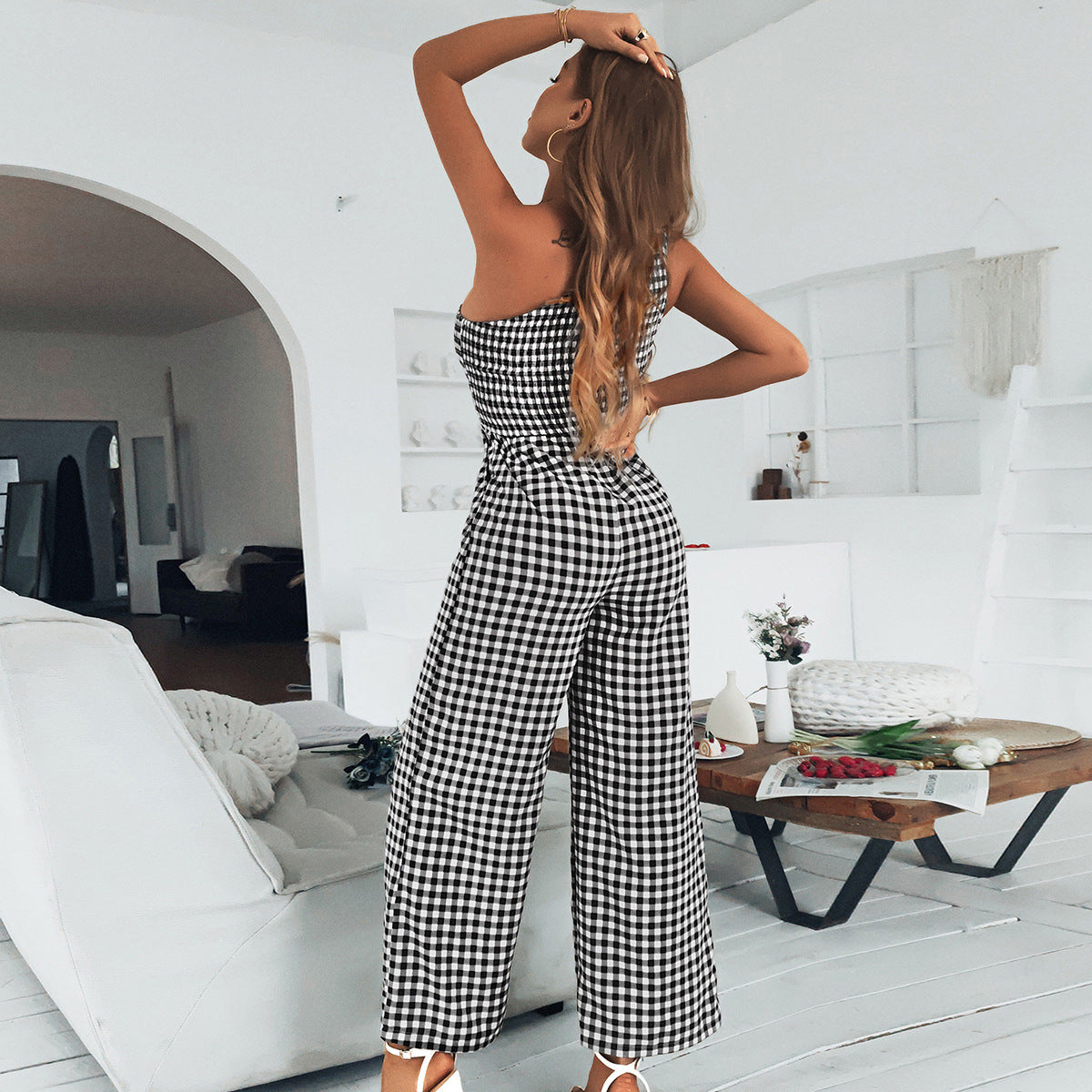 Plaid One-shoulder Top Jumpsuit