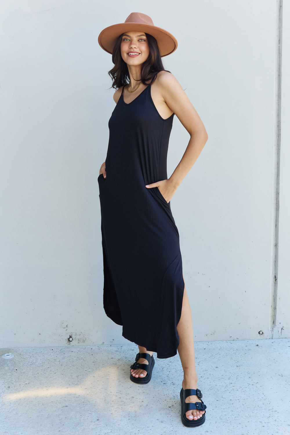 Good Energy Full Size Cami Side Slit Maxi Dress in Black