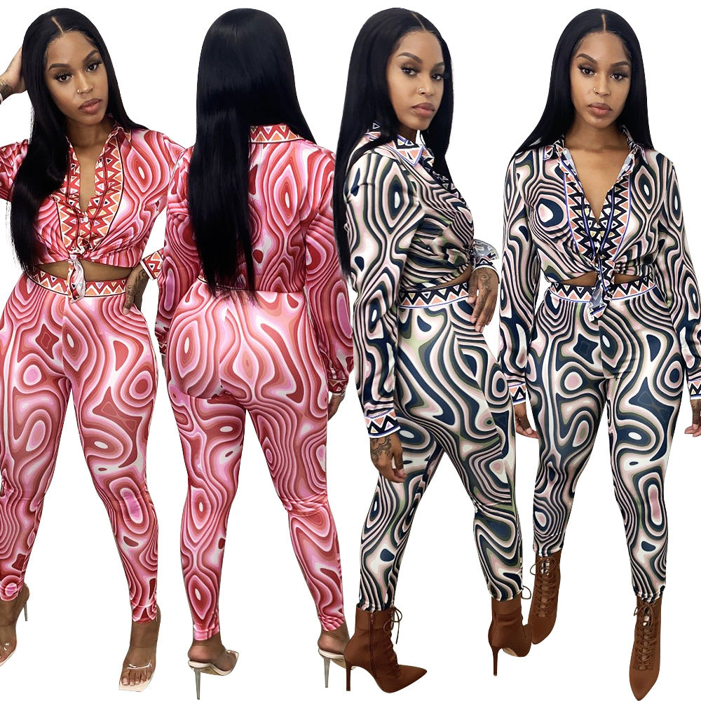 Printed Long Sleeve Tight Casual Suit