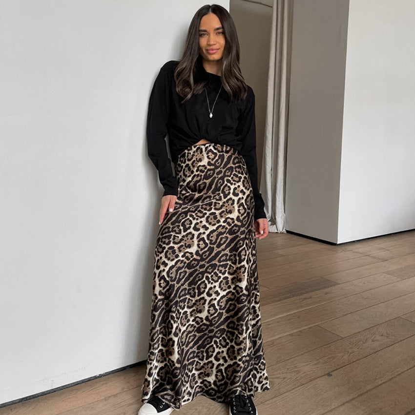 French Leopard Print Versatile High Waisted Skirt