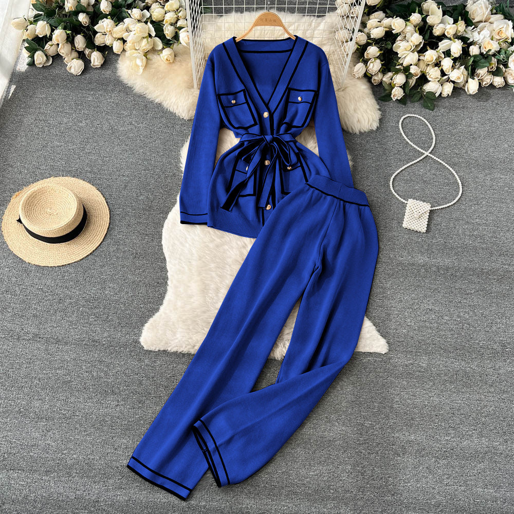 Women's Long Sleeve V-neck Lace-up Knitwear Draping Wide Leg Trousers Two-piece Set