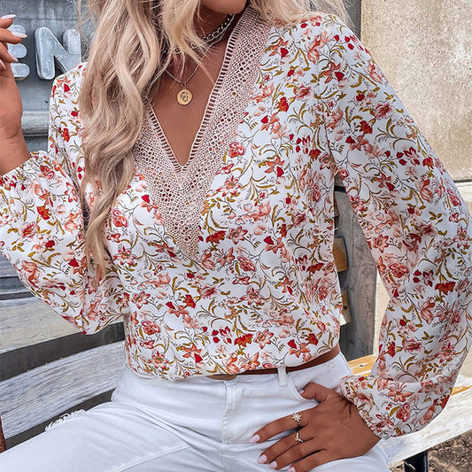 V-neck Chiffon Floral Printed Long-sleeved Top