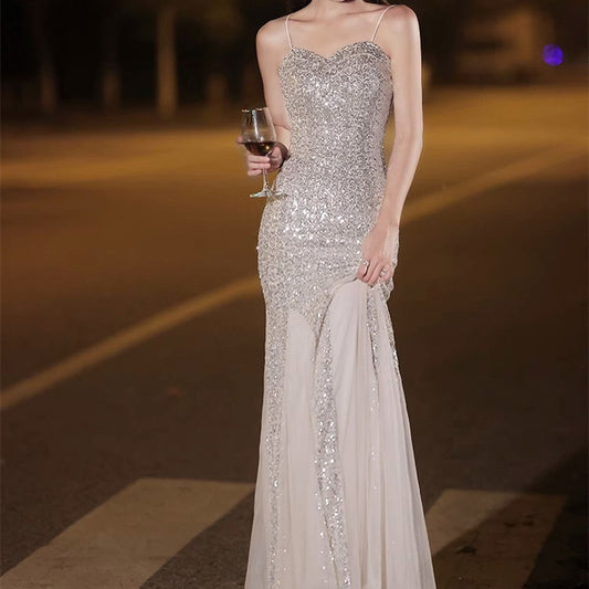 Silver Sequined Fishtail Evening Dress