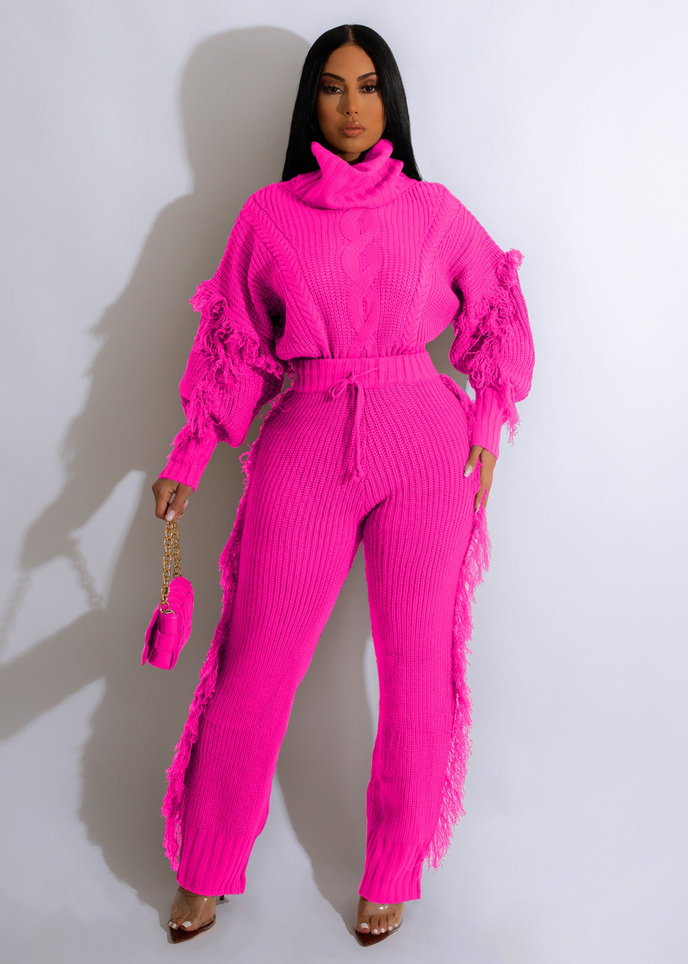 Knitted Long Sleeve Turtleneck Tassel Suit