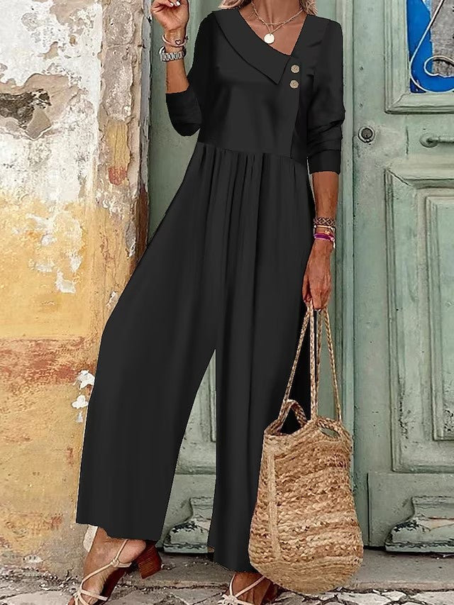 Button Up Jumpsuit With Solid V-neck