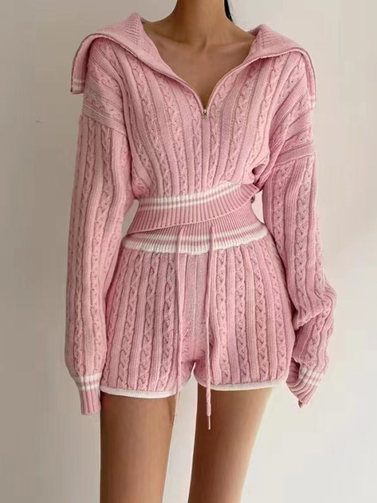 Cable-knit Sweater Shorts Suit