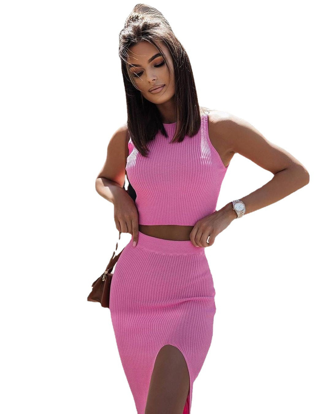 Solid Color Round Neck Top + Skirt