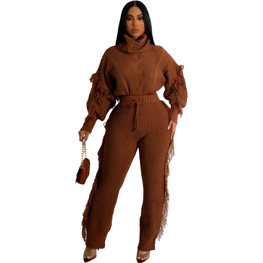 Knitted Long Sleeve Turtleneck Tassel Suit