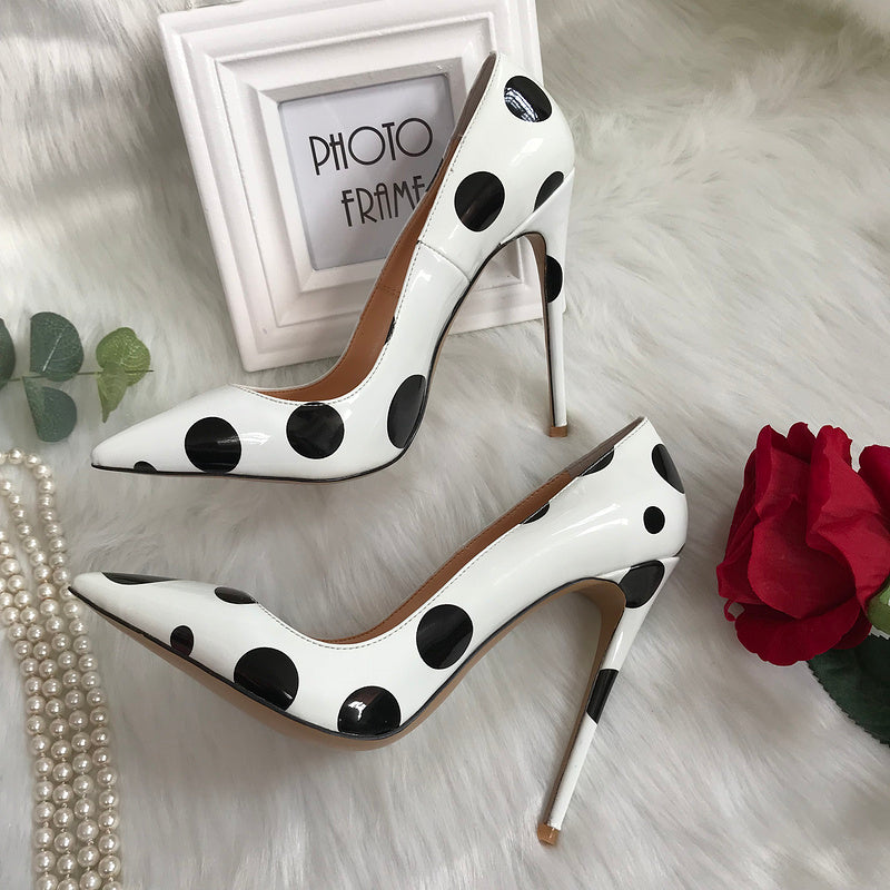 White Patent Leather Black Polka Dot Heels