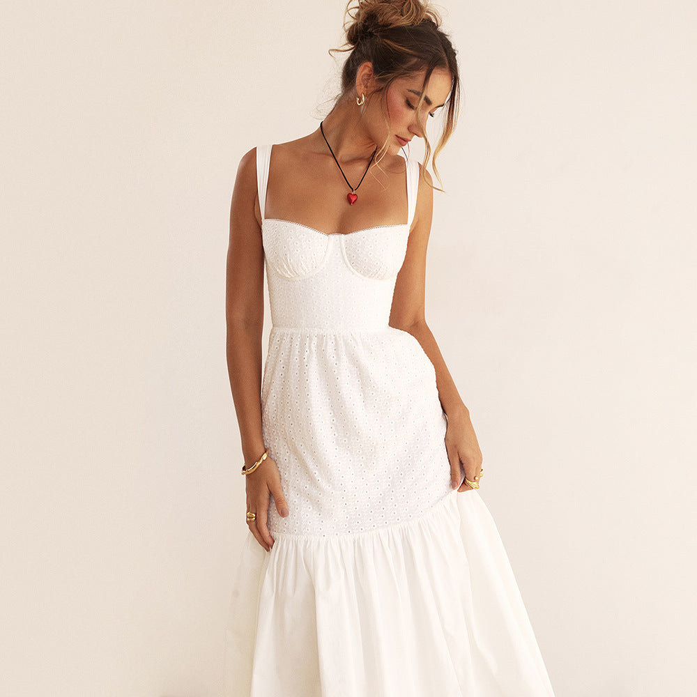 Cotton Linen Jacquard Mid-length White Dress