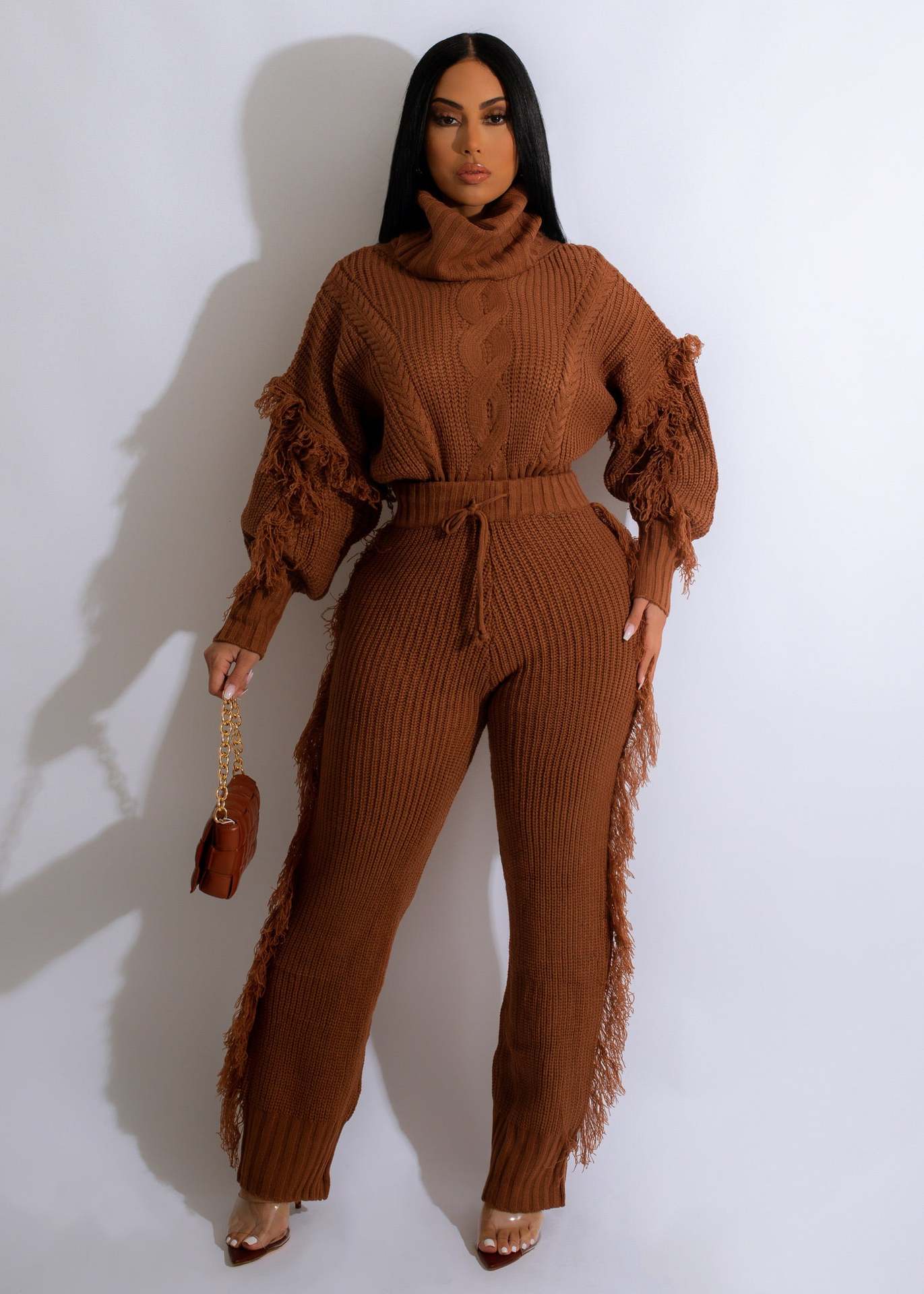 Knitted Long Sleeve Turtleneck Tassel Suit