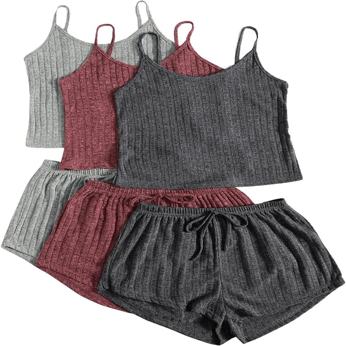 Rib Knitted Crop-top Spaghetti-strap Lace-up Shorts Suit