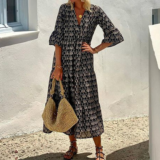 Patterned V-neck Mid-length Dress