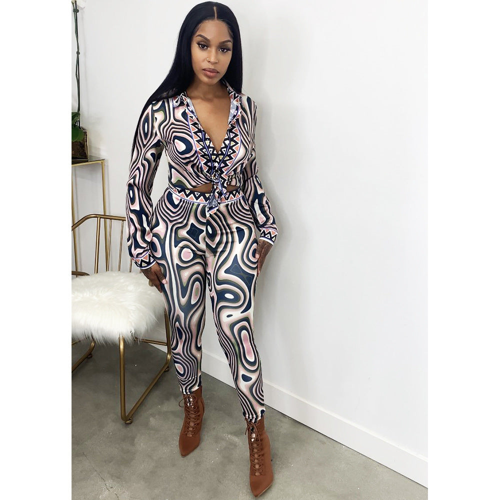 Printed Long Sleeve Tight Casual Suit