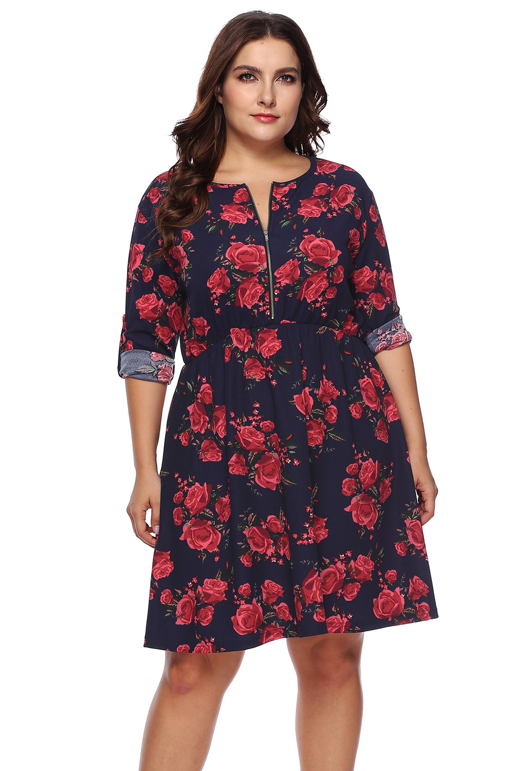 Floral Print Half Zip Up Plus Dress