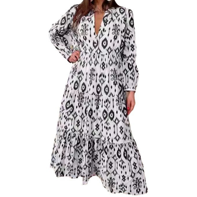 Long Sleeve V-neck Printed Dress