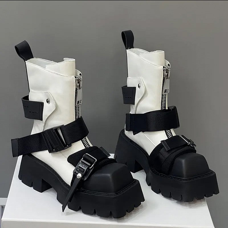 Leather Square Toe Thick Bottom Front Zip Ankle Boots