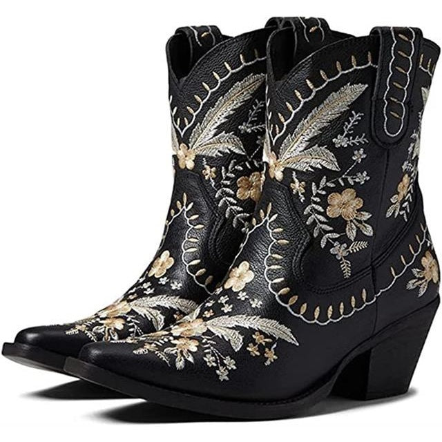 Chunky High Heel Embroidered Boots