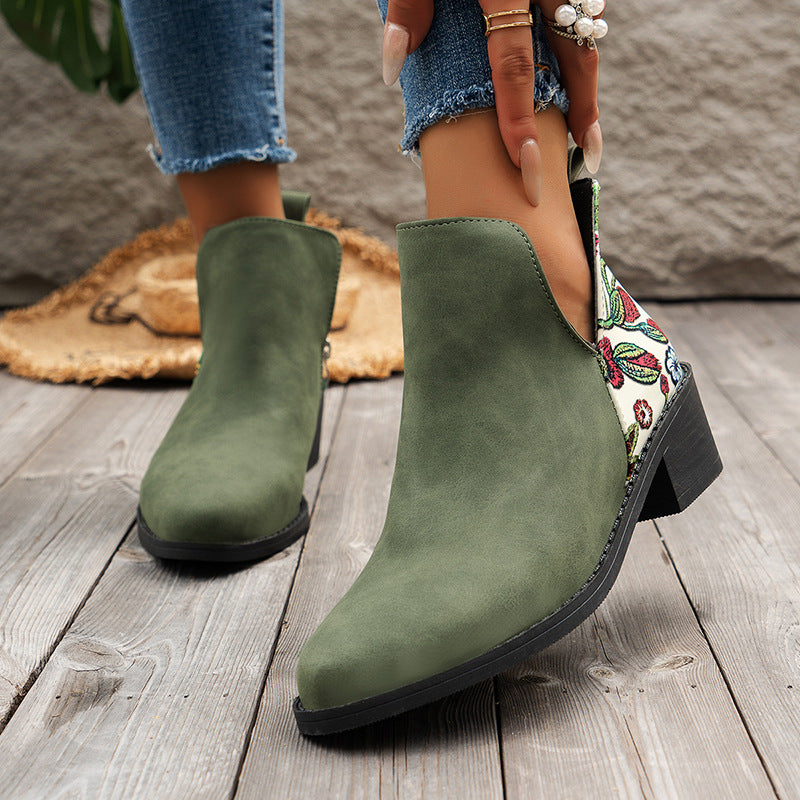 Flowers Printed Ankle Boots Side Zipper V-cut