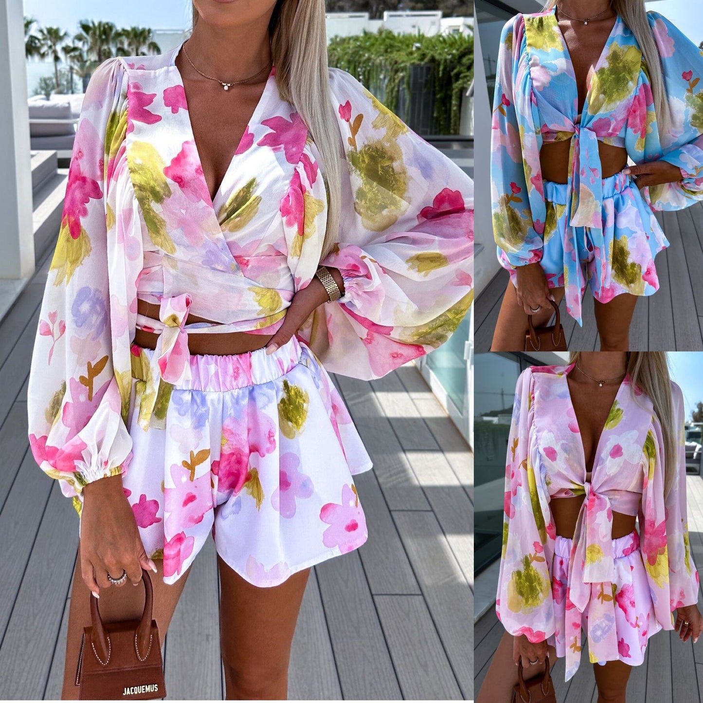 Chiffon Pleated Lantern Long Sleeve and Shorts Printing Suit