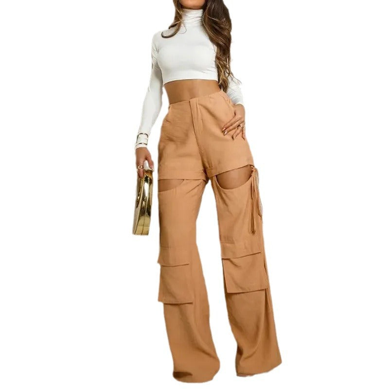 High Neck Solid Color Bottoming Shirt And  Drawstring Pants