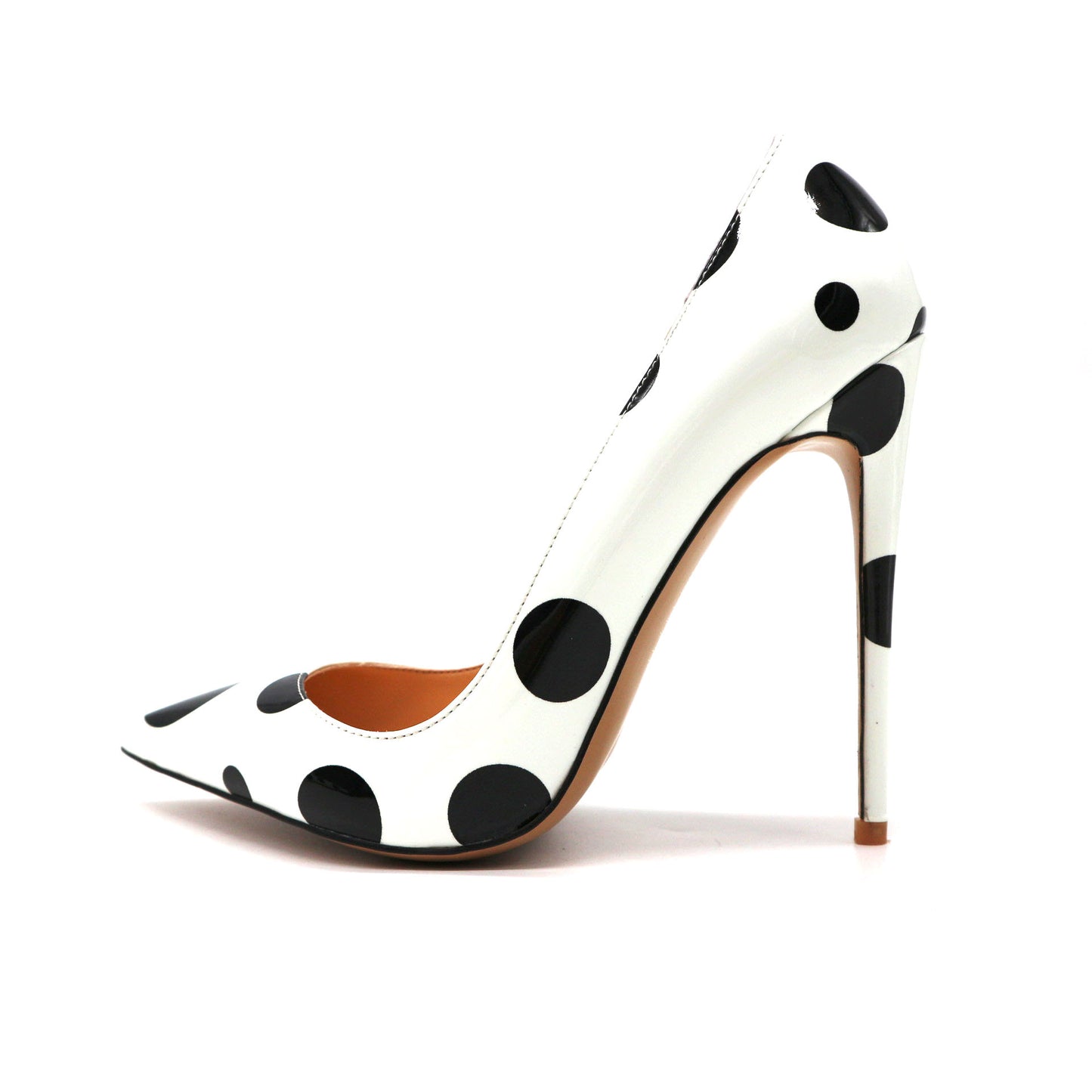 White Patent Leather Black Polka Dot Heels