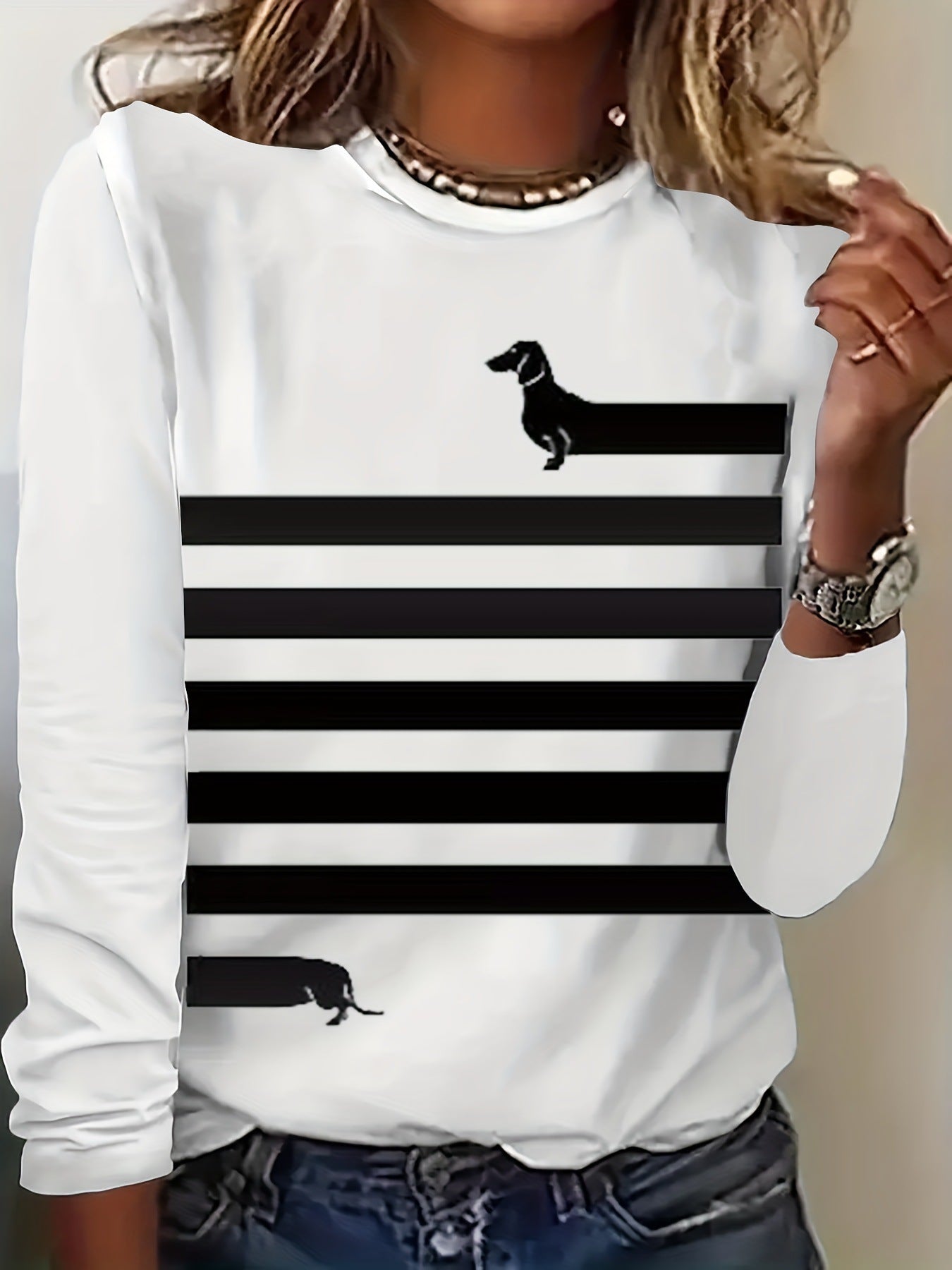 Dog And Striped Printed Round Neck T