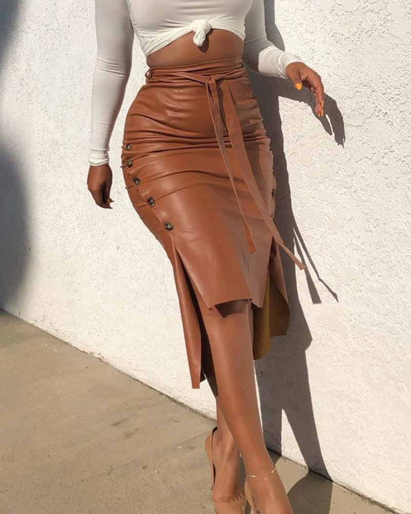 Mid-length Leather Skirt With Split Hips