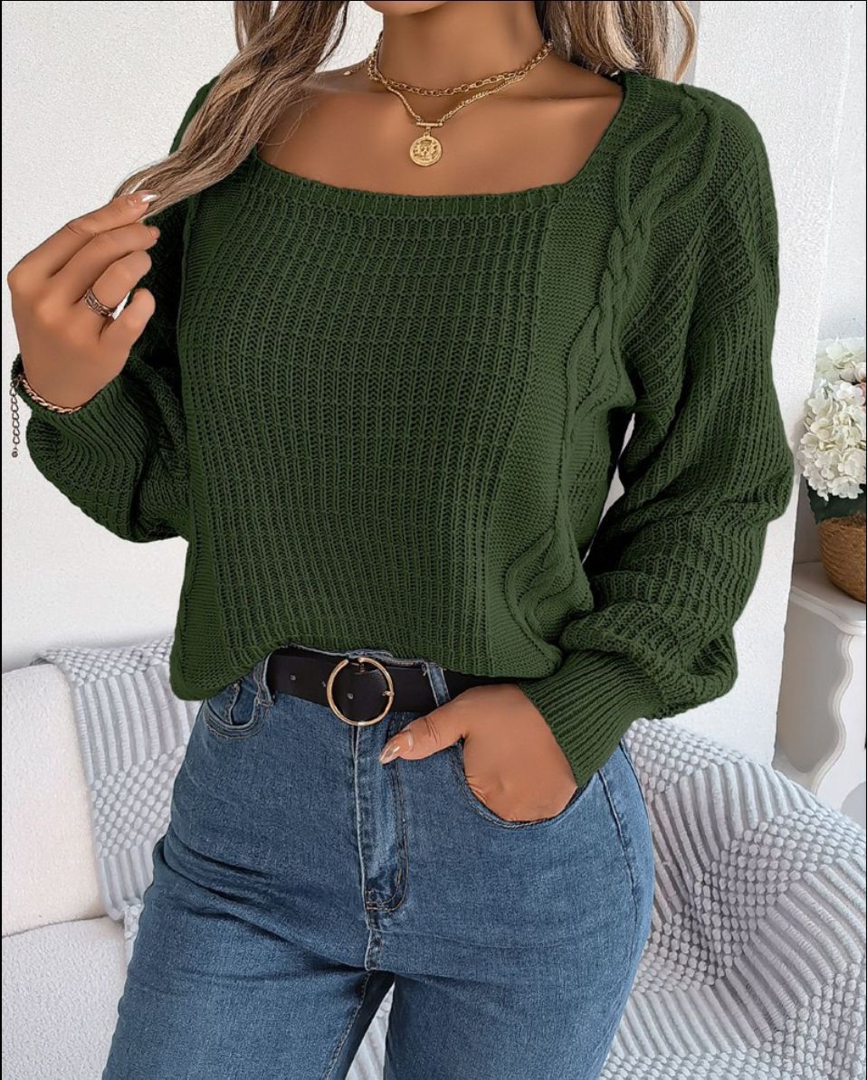 Square Collar Cable-knit Sweater