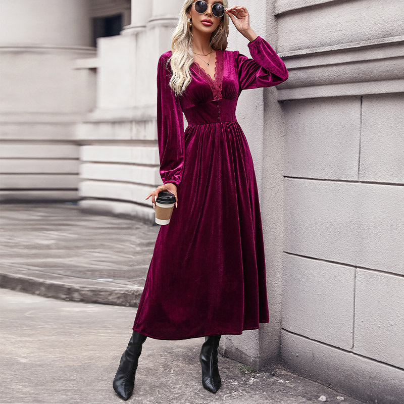 Lace Patchwork Long Velvet Dress