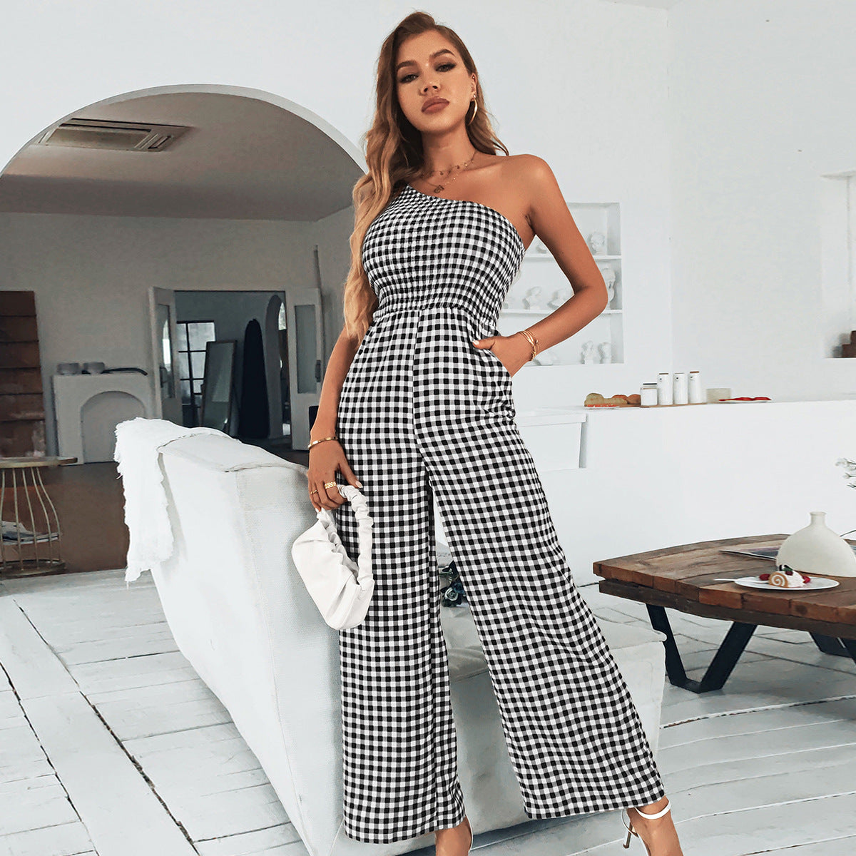 Plaid One-shoulder Top Jumpsuit