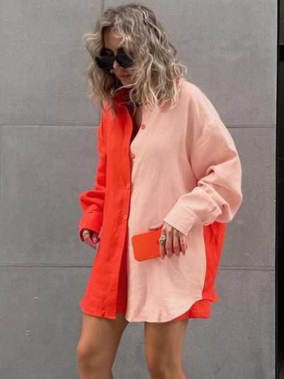 Contrast Color Long Sleeve Shirt Shorts Suit