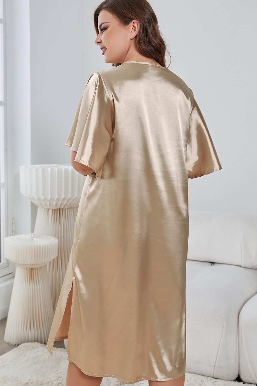 Flutter Sleeve Plus V-Neck Side Slit Night Gown