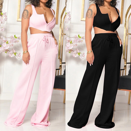 Low Cut Sleeveless Top Wide Leg Pants Two-piece Set