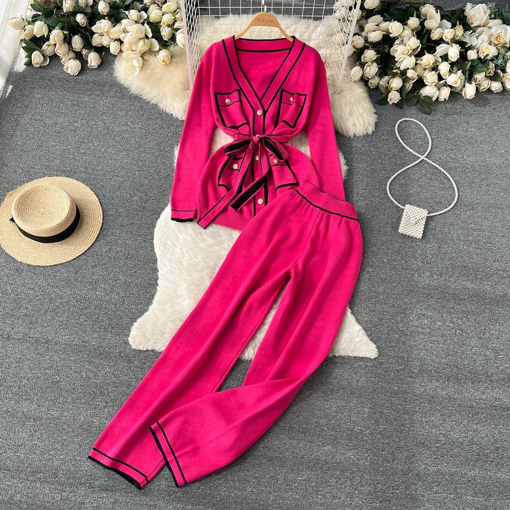 Women's Long Sleeve V-neck Lace-up Knitwear Draping Wide Leg Trousers Two-piece Set