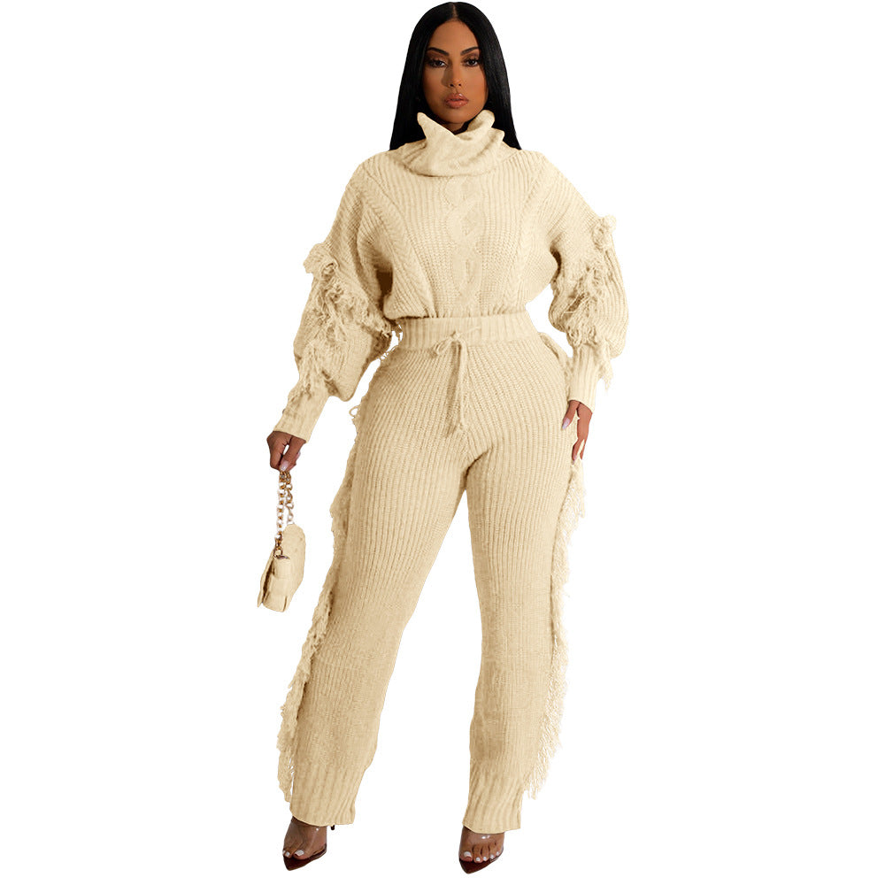 Knitted Long Sleeve Turtleneck Tassel Suit