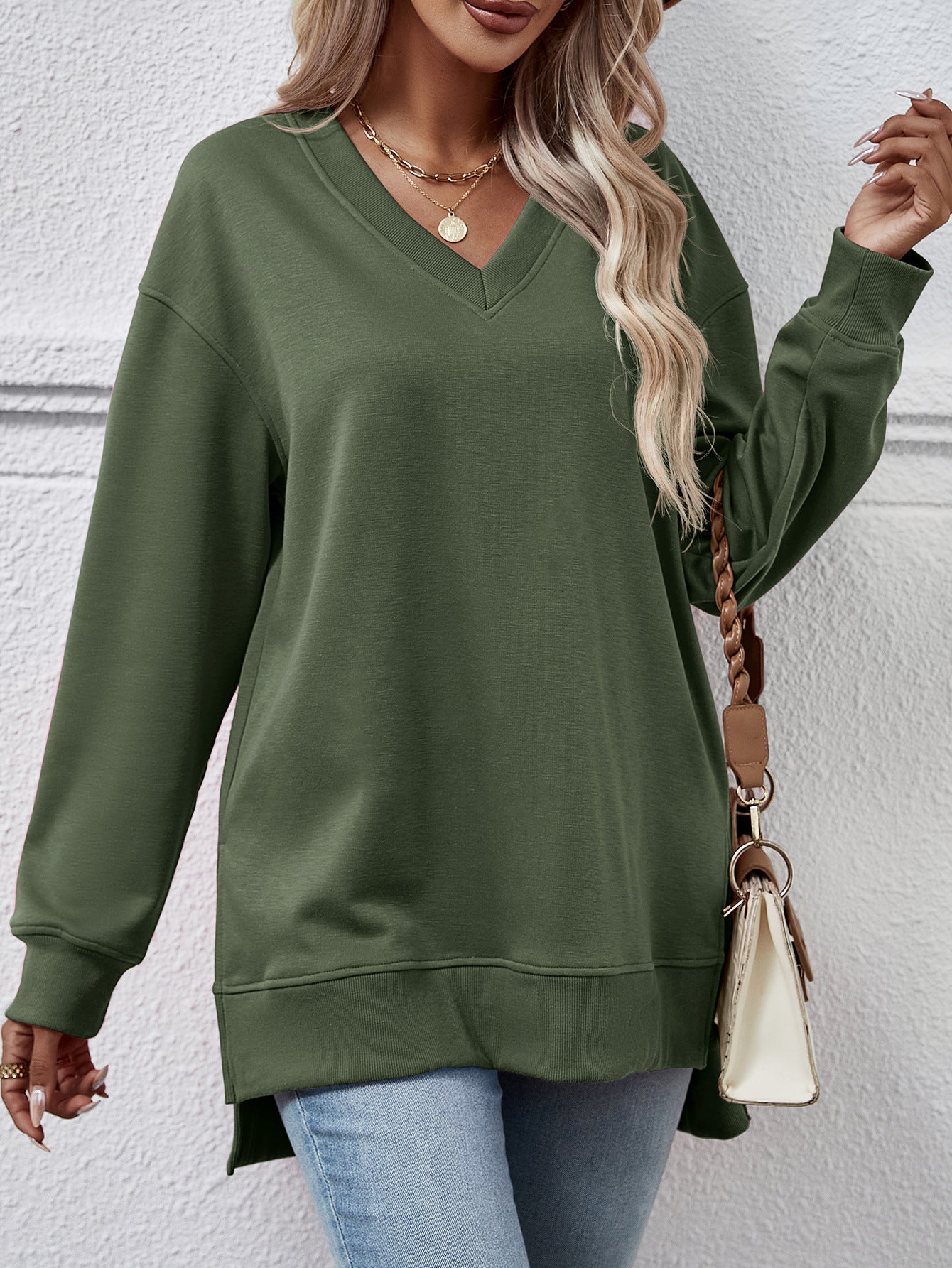 Solid Color And V-neck Sweater